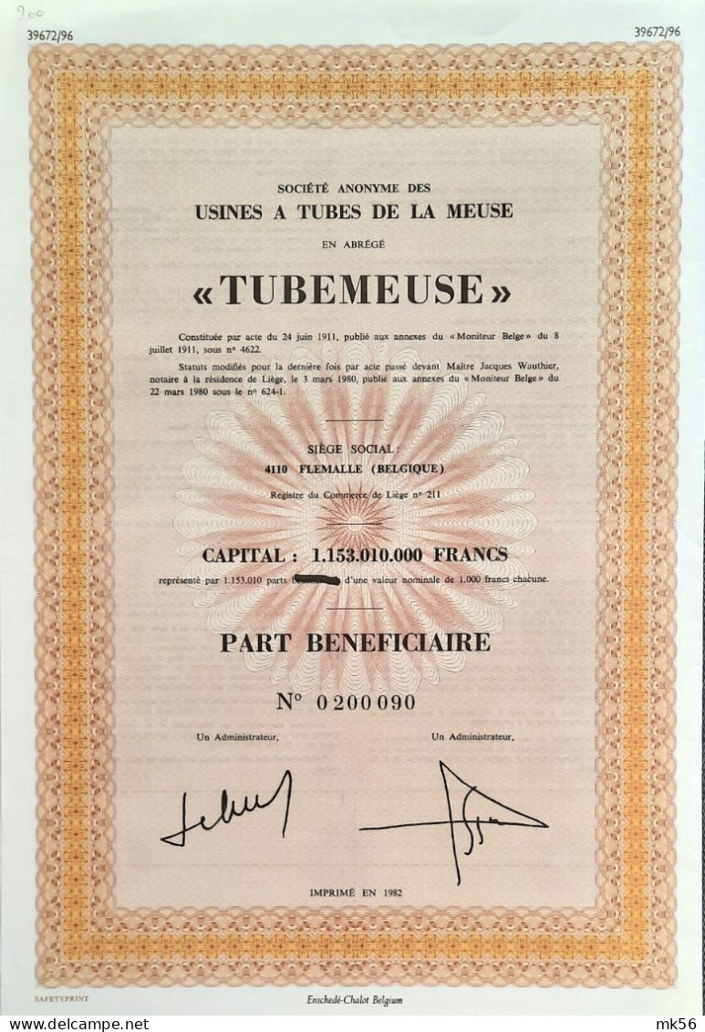 Usines à Tubes De La Meuse - Flemalle - 1982 - Part Bénéficiaire - Industrie