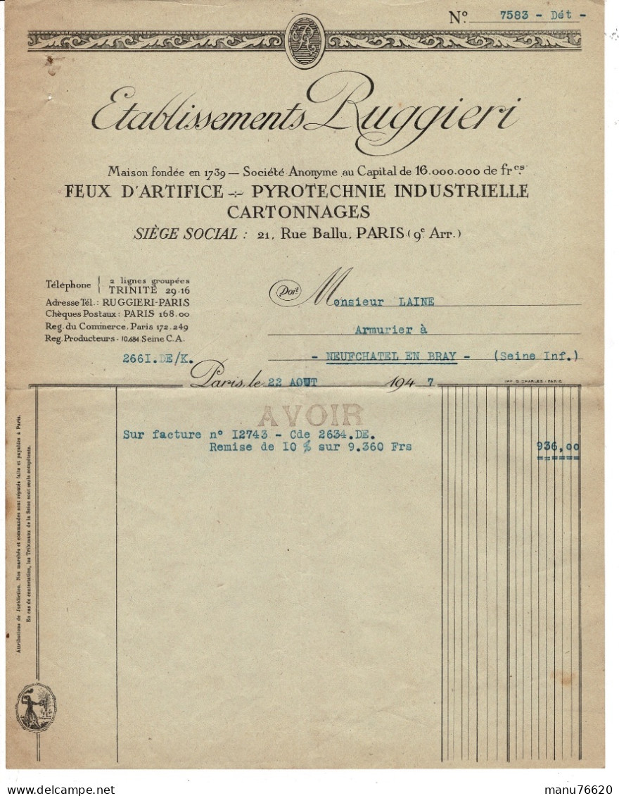 Facture , Document , Courrier : établissement Ruggieri à Paris , Envoyé à Neuchâtel En Bray - France . - 1950 - ...