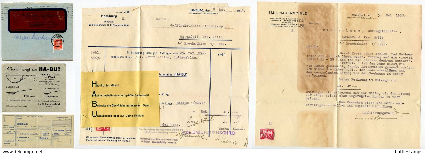 Germany 1928 Cover W/ Letter, Invoice, Advert, Zahlkarte; Hamburg - Emil Hauenschild To Ostenfelde; 15pf. Immanuel Kant - Covers & Documents