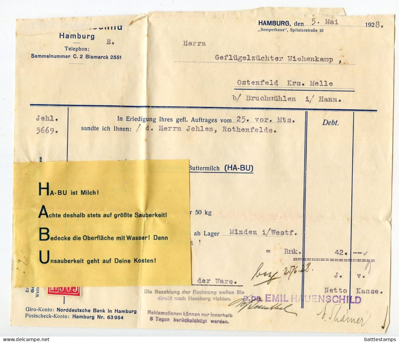 Germany 1928 Cover W/ Letter, Invoice, Advert, Zahlkarte; Hamburg - Emil Hauenschild To Ostenfelde; 15pf. Immanuel Kant - Lettres & Documents