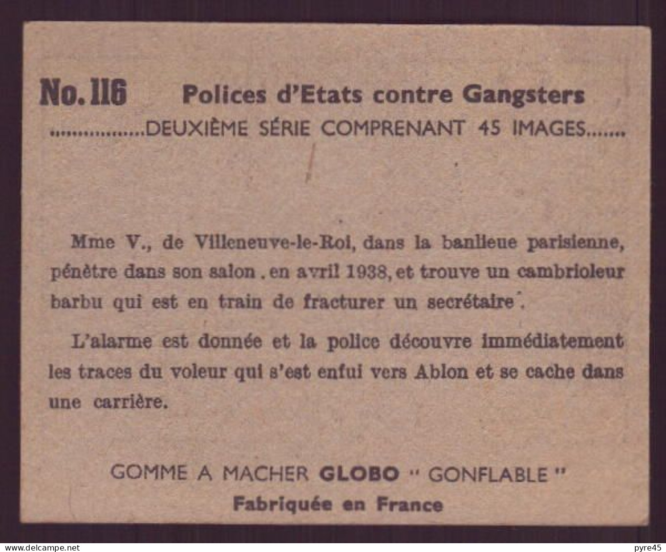 Image Publicitaire " Globo " N° 116, Polices D'états Contre Les Gangsters, Un Jeune Gangster - Andere & Zonder Classificatie