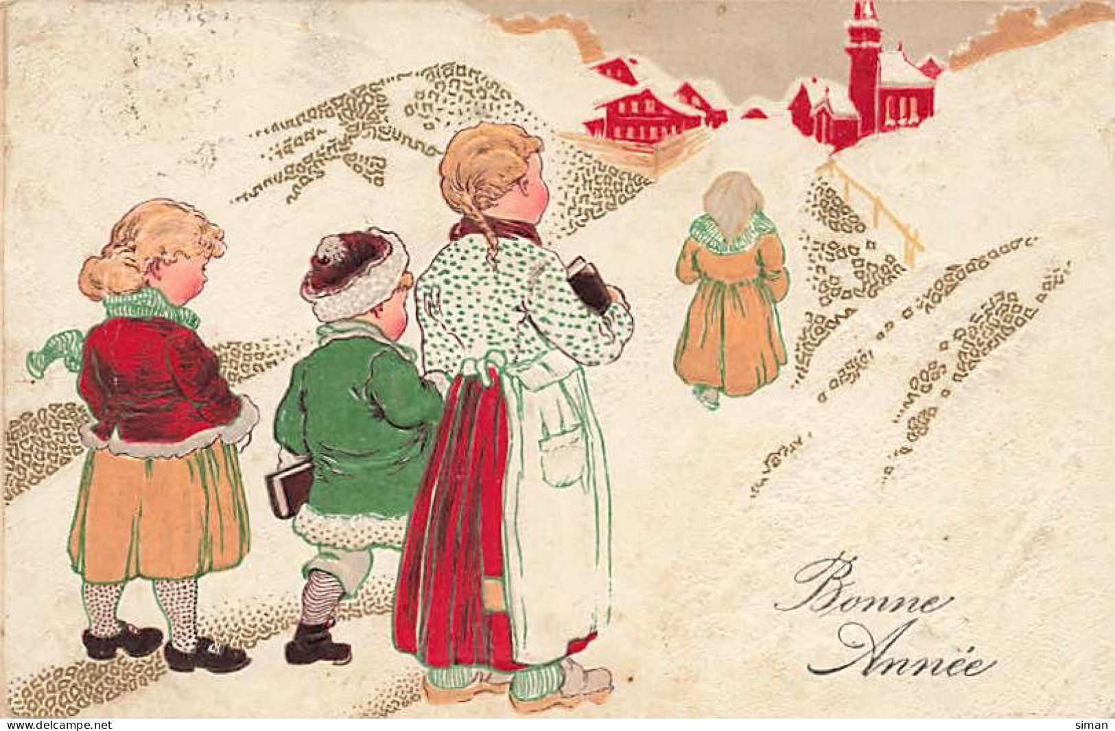 N°25020 - Carte Fantaisie Gaufrée - Bonne Année - Enfants Dans Un Paysage Hivernal - New Year