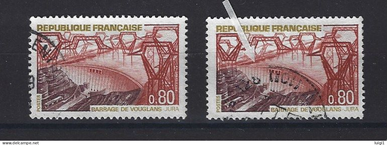 FRANCE 1969 - Y&T N°1583 + N°1583b . 80 C. Barrage De Vouglans. - Variété : Normal + Barrage Rompu. Oblitérés. TB - Usados