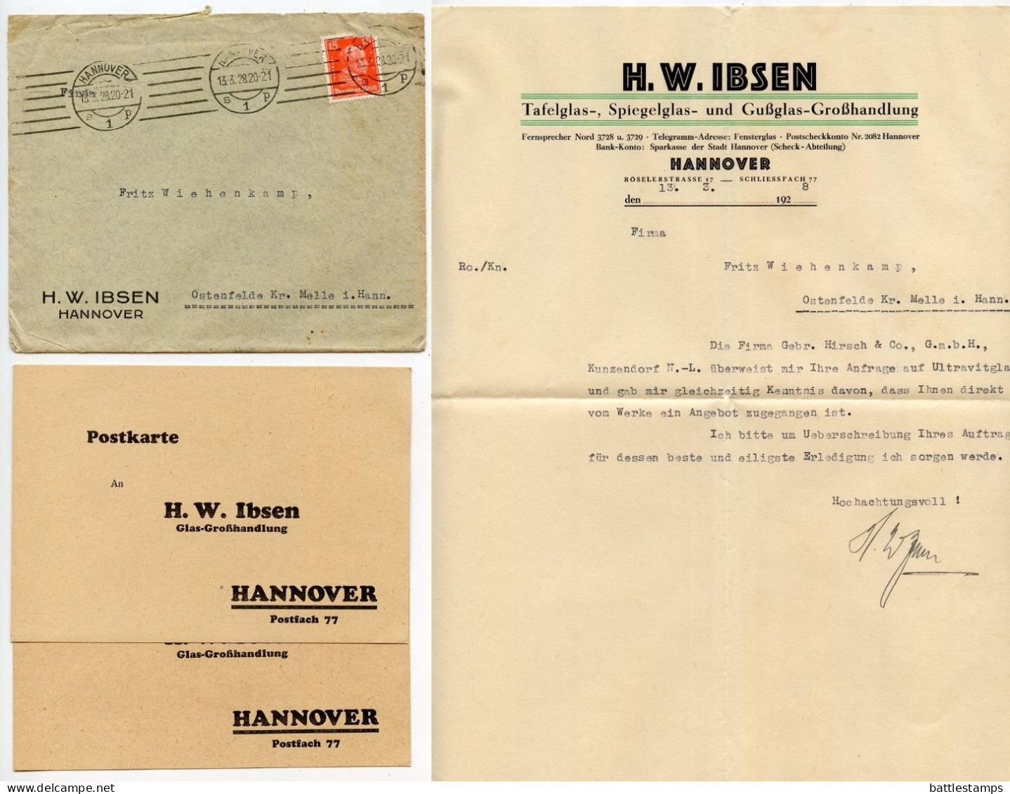 Germany 1928 Cover & Letter; Hannover - H.W. Ibsen, Glass Wholesaler To Ostenfelde; 15pf. Immanuel Kant - Cartas & Documentos