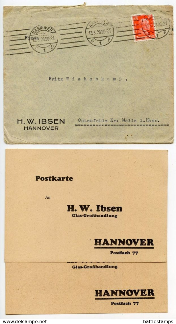 Germany 1928 Cover & Letter; Hannover - H.W. Ibsen, Glass Wholesaler To Ostenfelde; 15pf. Immanuel Kant - Lettres & Documents