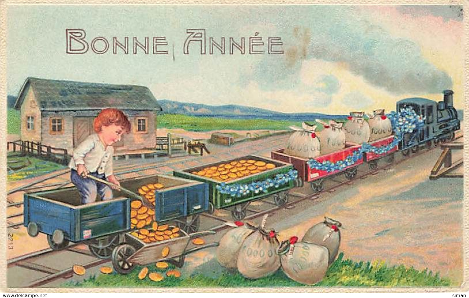 N°25023 - Carte Fantaisie Gaufrée - Bonne Année - Garçon Déchargeant Des Pièces D'or 'un Train - Neujahr
