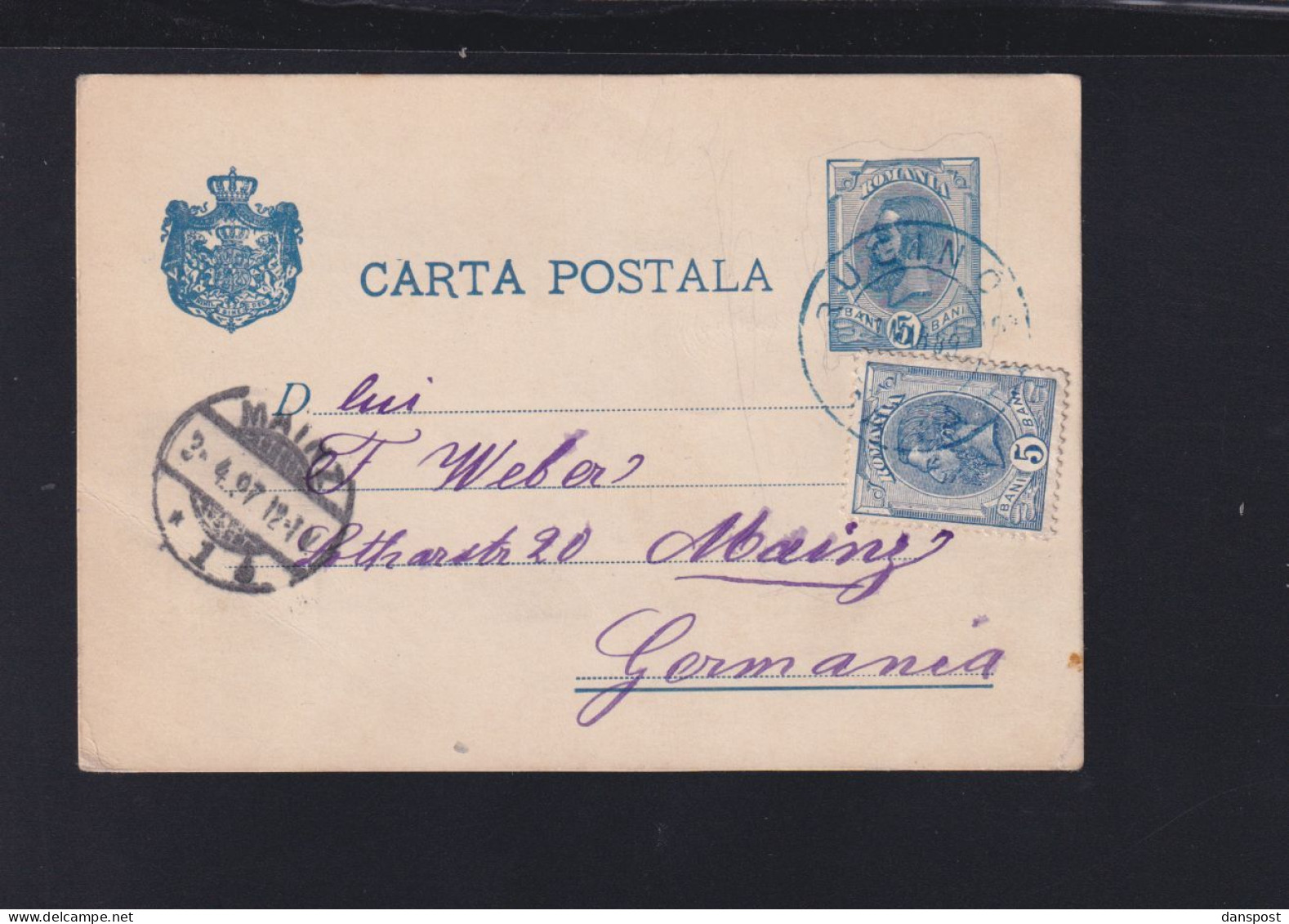 Rumänien Romania GSK 1896 Ruginoasa Nach Deutschland - Briefe U. Dokumente