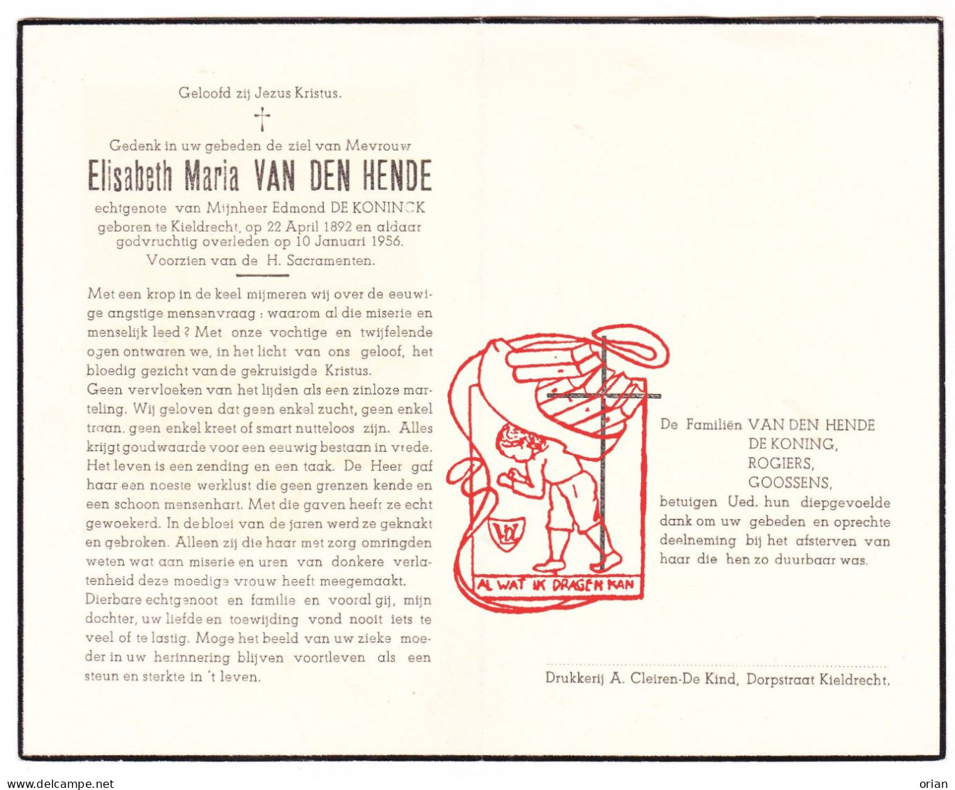 DP Elisabeth Van Den Hende ° Kieldrecht Beveren Waas 1892 † 1956 X Edmond De Koninck Koning ? // Rogiers Goossens - Devotion Images