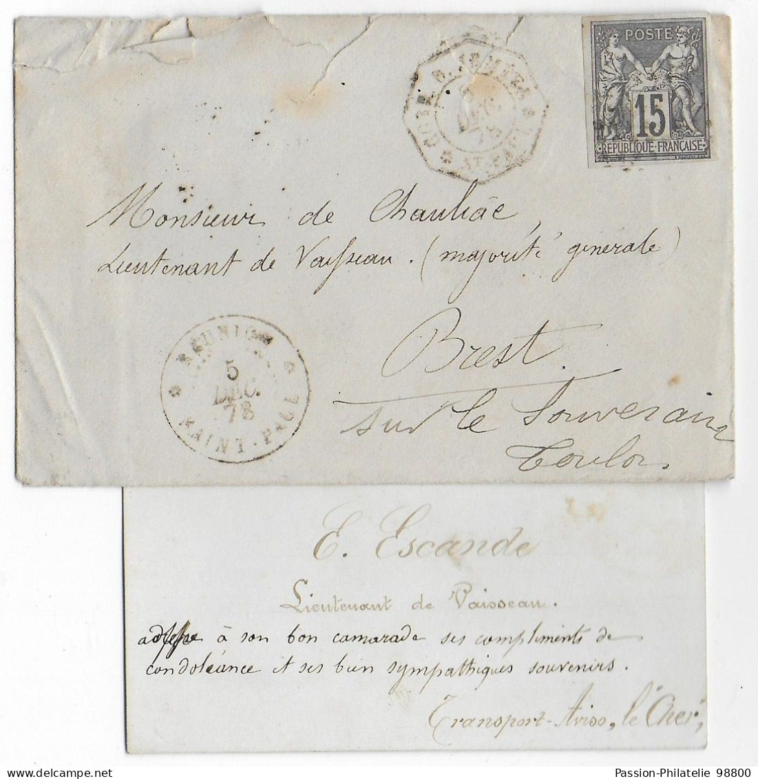 1878 - REUNION - SAGE NON DENTELE Sur LETTRE Avec CORR. D'ARMEES "ST PAUL" TRES RARE - Covers & Documents