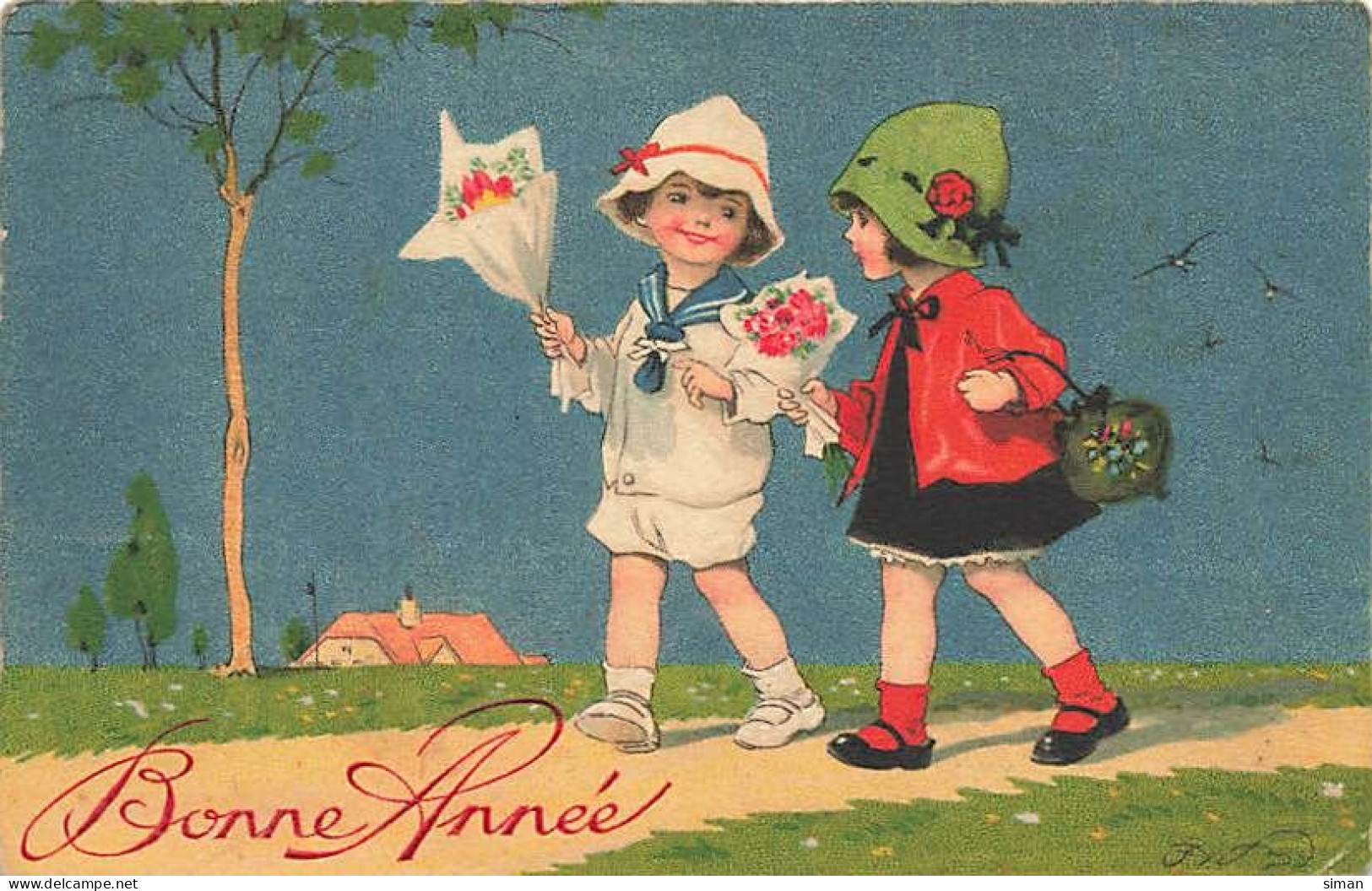 N°25025 - Carte Fantaisie - Bonne Année - Baumgarten - Fillettes Se Promenant Avec Es Bouquets De Fleurs - Nouvel An