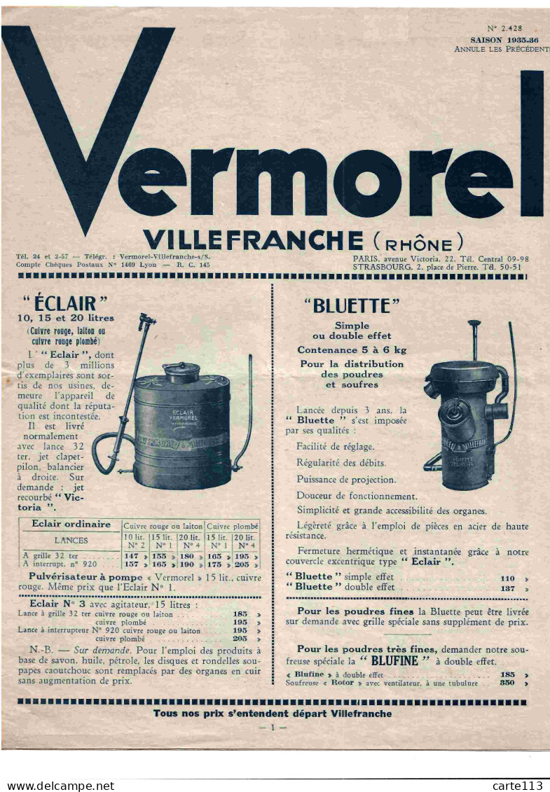 69 - F26722PAP - VILLEFRANCHE - Catalogue VERMOREL - Matériels Agricoles - 1935 - Très Bon état - RHONE - Landwirtschaft