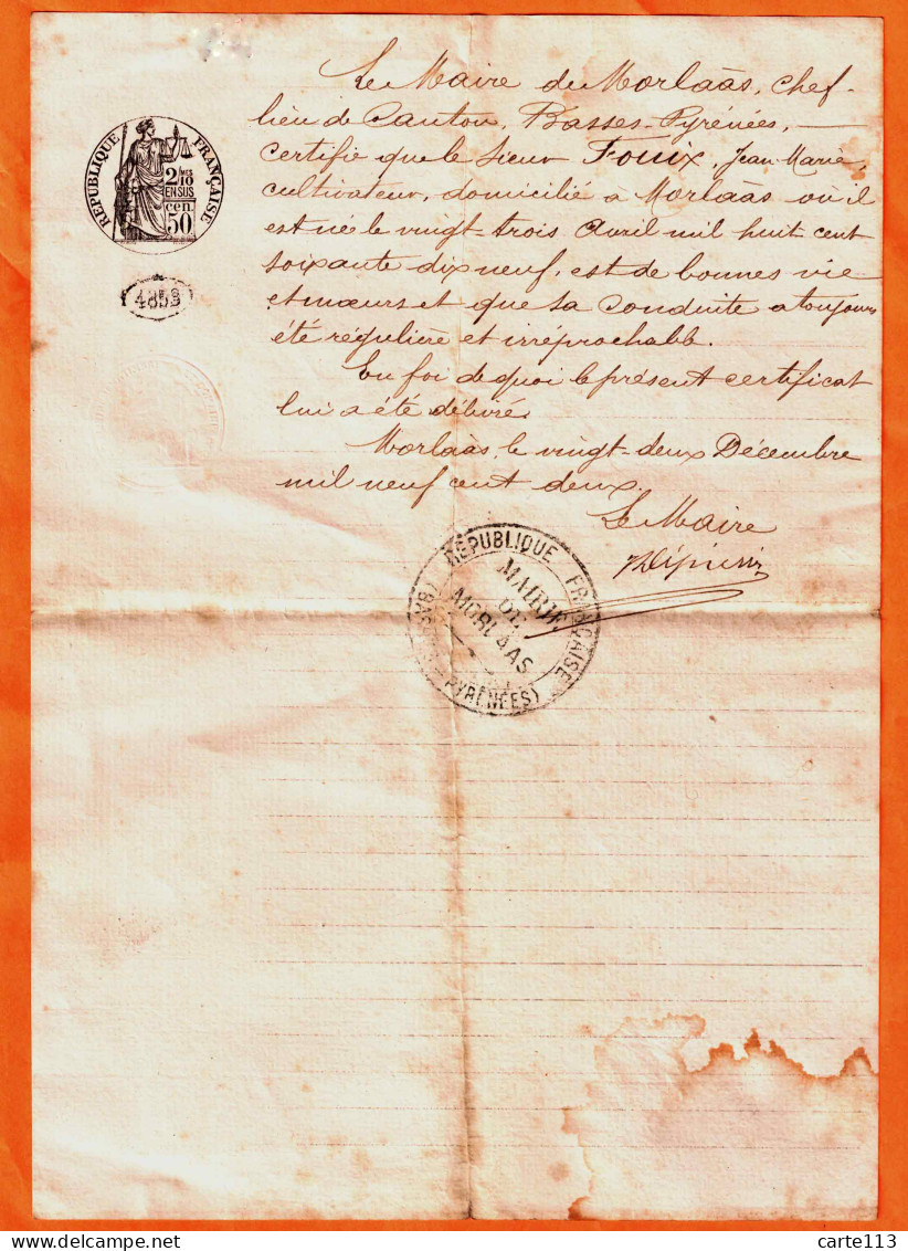 64 - PAP34627PAP - MORLAAS - Certificat Bonne Conduite Délivré Par Le Maire à JM FOUEX 1902 -  - PYRENEES-ATLANTIQUES - Morlaas