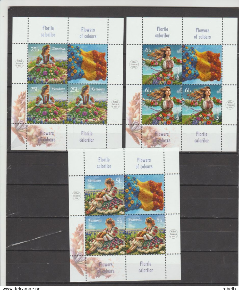ROMANIA  2024 FLOWERS Of  COLOURS  Set Of 3 Sheetles Of 3 Stamps+ 1 Label  MNH* - Nuovi
