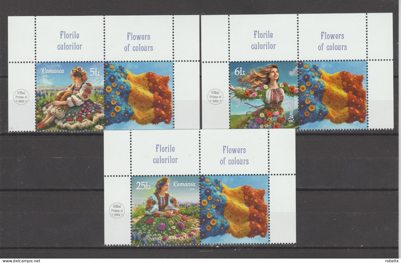ROMANIA  2024 FLOWERS Of  COLOURS  Set Of 3 Stamps  With Labels  MNH* - Unused Stamps