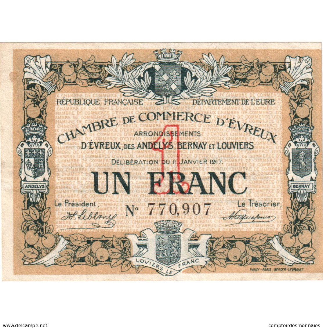 France, Evreux, 1 Franc, 1915/1916, SUP, Pirot:57-9 - Handelskammer