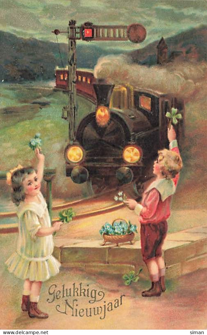 N°25026 - Carte Fantaisie Gaufrée - Gelukkig Nieuwjaar - Enfants Saluant Un Train - Neujahr