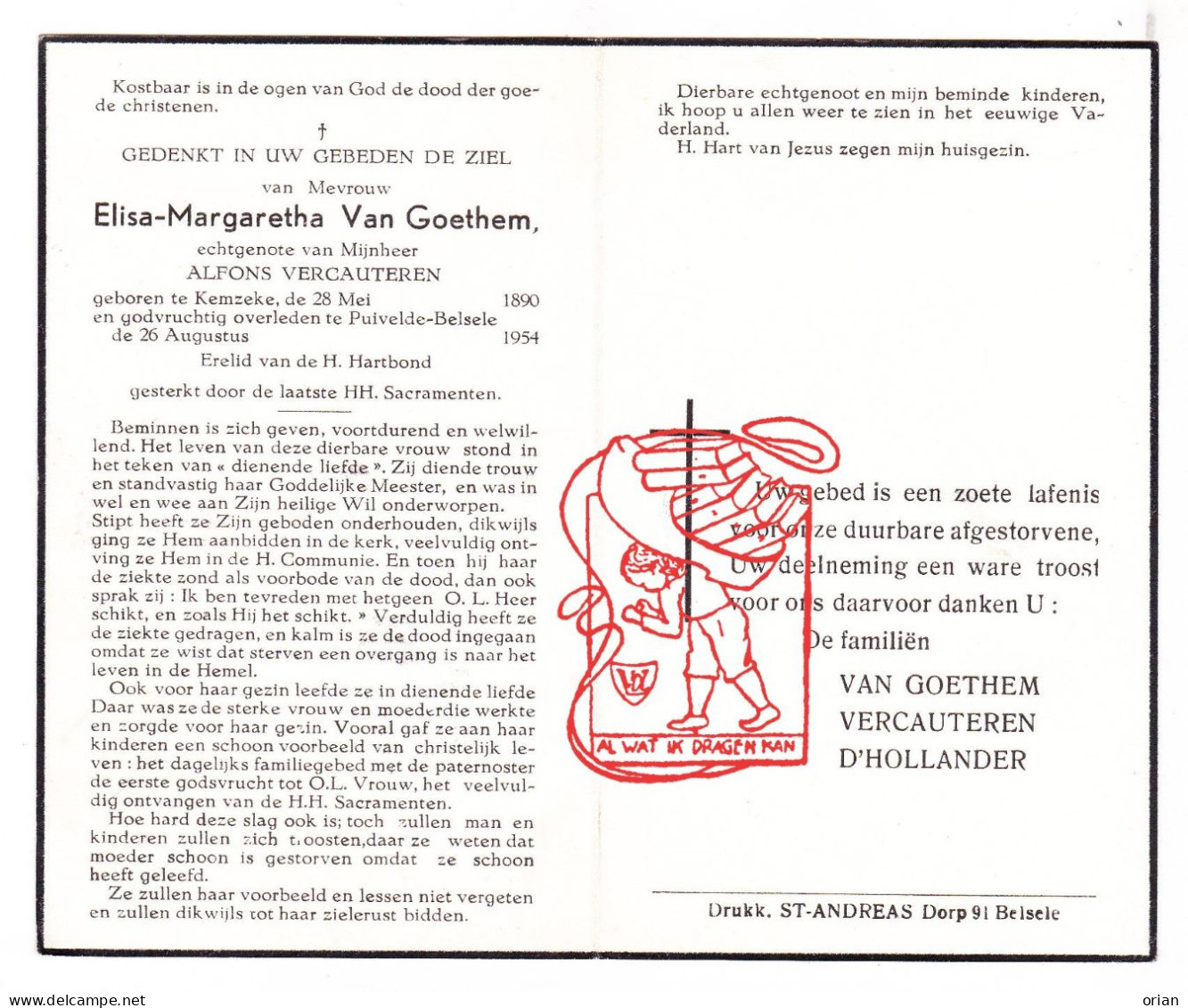 DP Elisa Margaretha Van Goethem ° Kemzeke Stekene 1890 † Puivelde Belsele St-Niklaas 1954 X Alf. Vercauteren D'Hollander - Devotieprenten