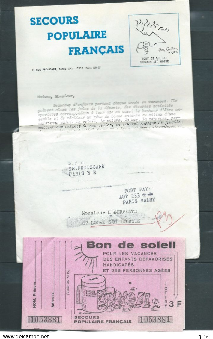 Lac En Port Paye Du Secours Populaire, Contenant Carnets Bon Du Soleil Pour Enfants Et Handicapes 19/05/1972  MALB13705 - Historical Documents