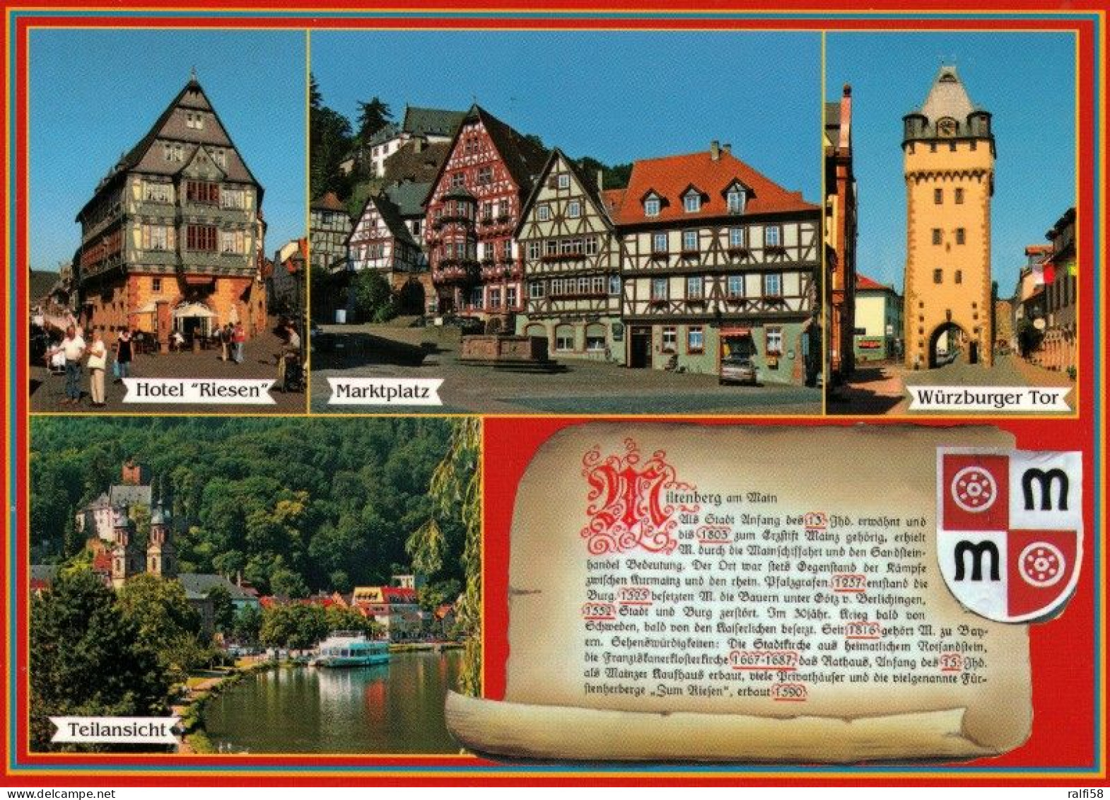 4 AK Germany / Bayern * 4 Chronikkarten Der Stadt Miltenberg Am Main Mit Wappen, Hotel Riesen, Würzburger Turm, Markt * - Miltenberg A. Main