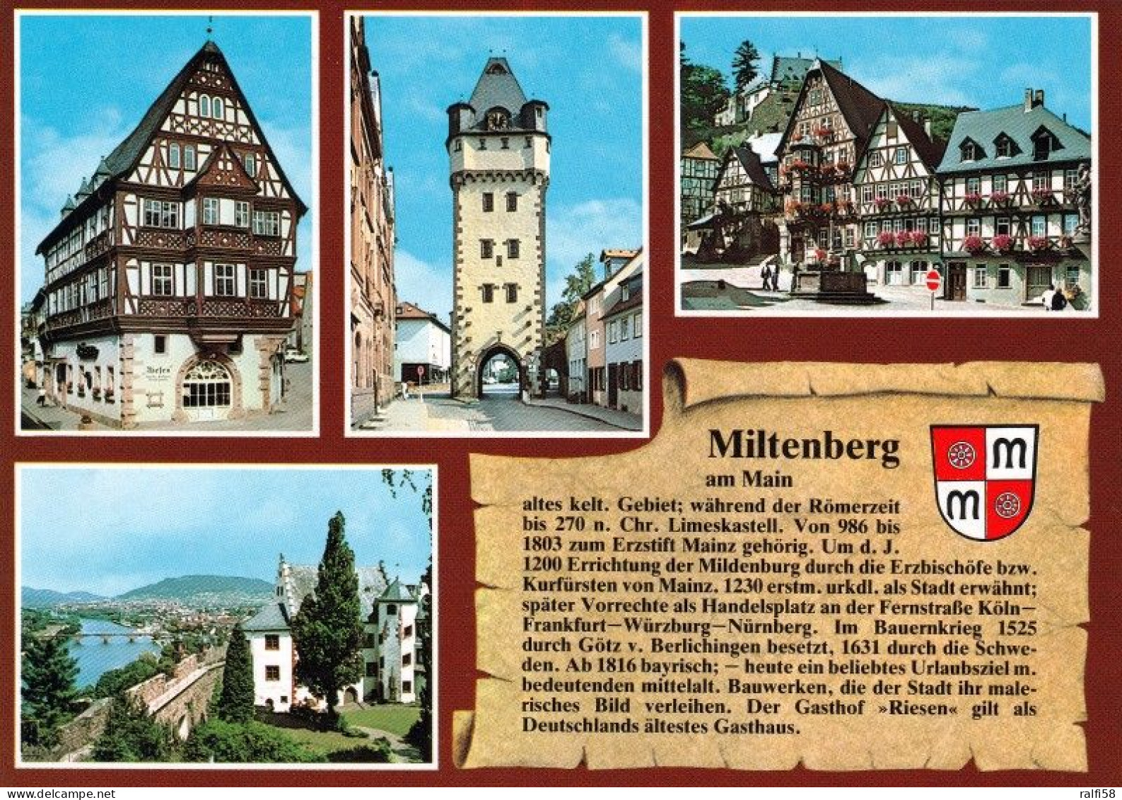 4 AK Germany / Bayern * 4 Chronikkarten Der Stadt Miltenberg Am Main Mit Wappen, Hotel Riesen, Würzburger Turm, Markt * - Miltenberg A. Main