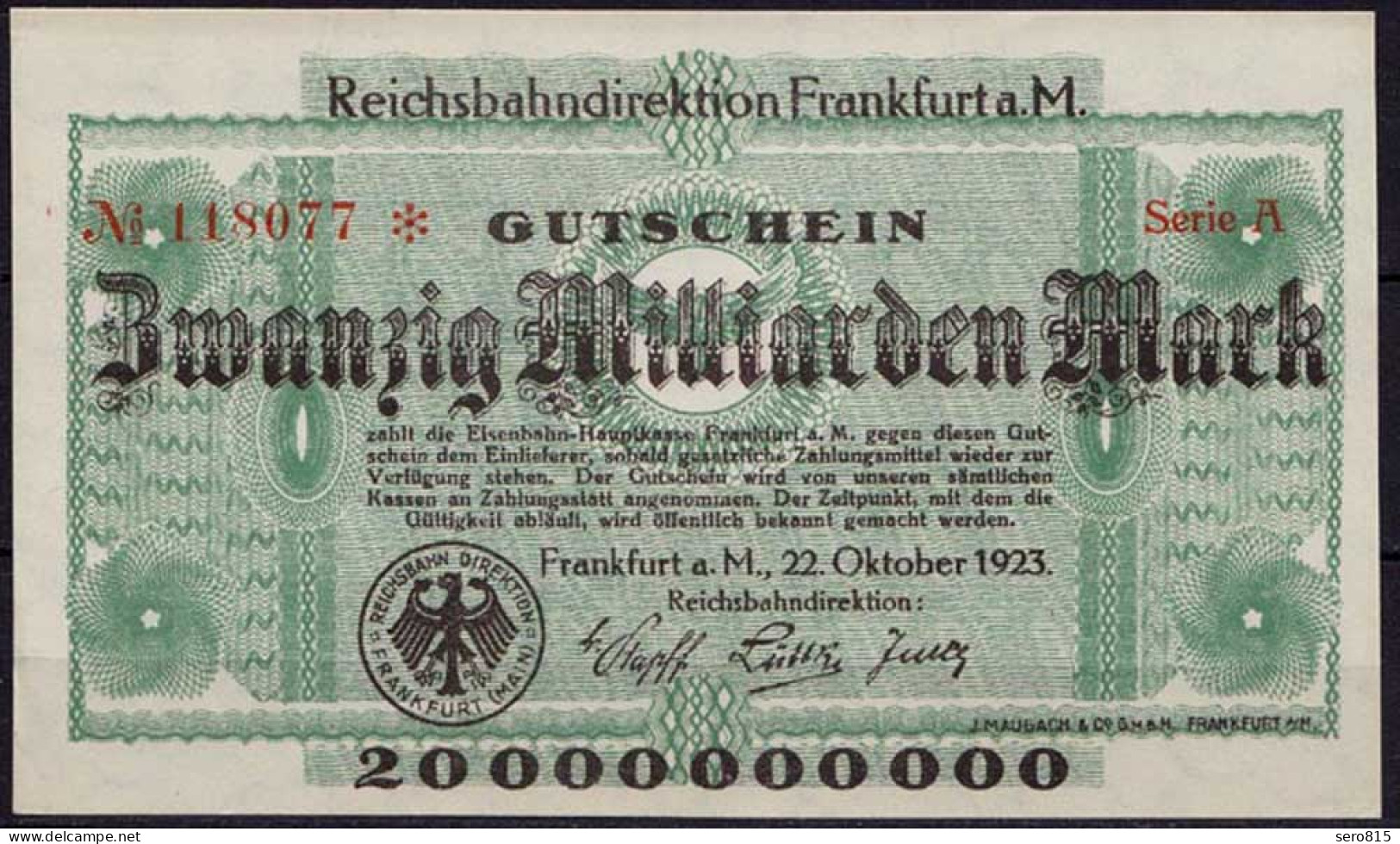 Reichsbahn Frankfurt Main 20 Milliarden Mark 1923 AUNC (1-)     (ca739 - Andere & Zonder Classificatie