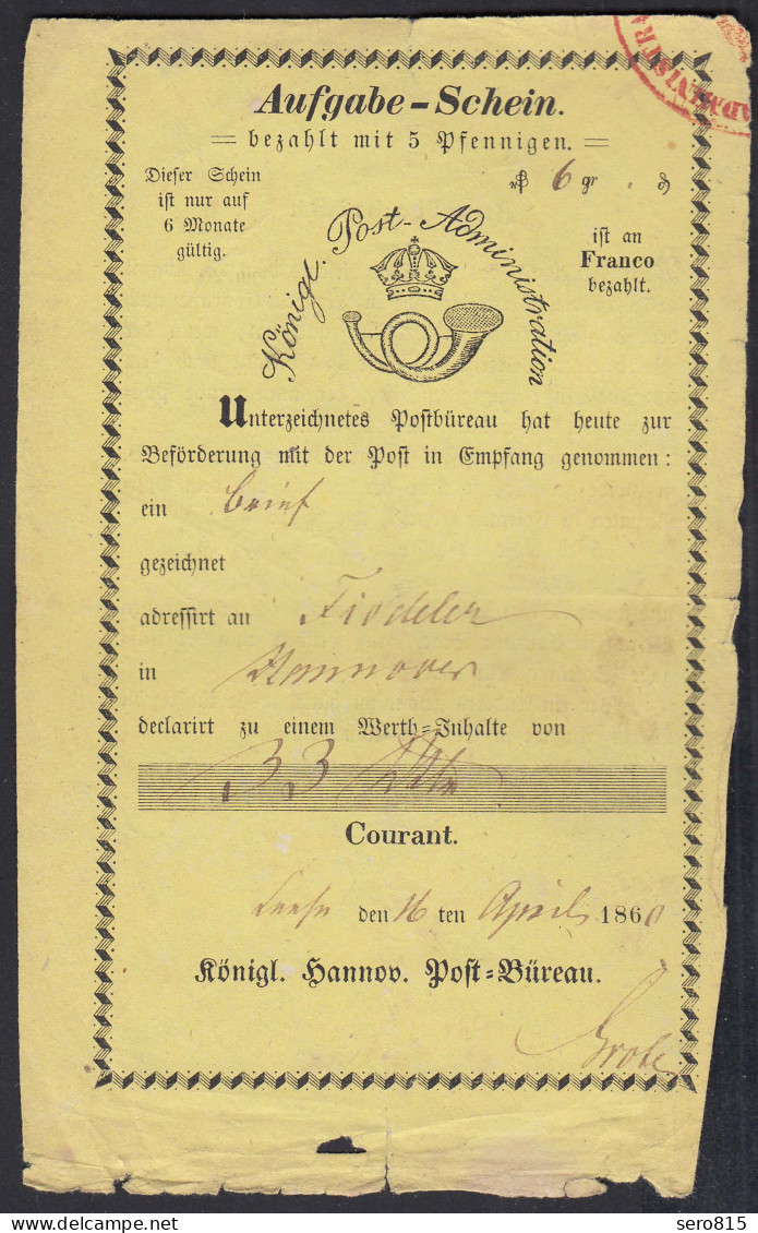 1860 Hannover Königliche Post Aufgabe-Schein    (23103 - Other & Unclassified