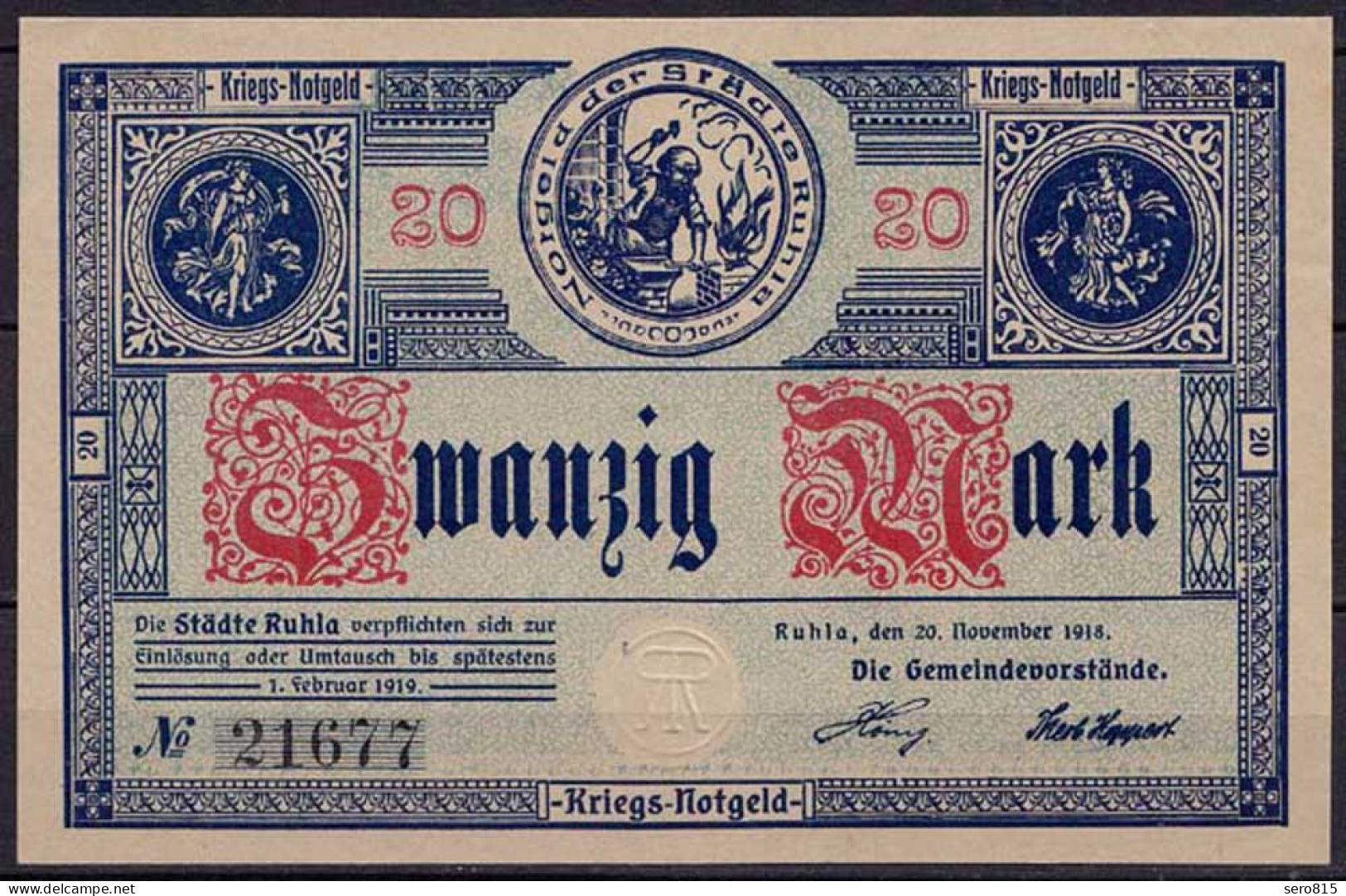 Ruhla 20 Mark 1918 Kriegs-Notgeld AUNC    (ca853 - Andere & Zonder Classificatie