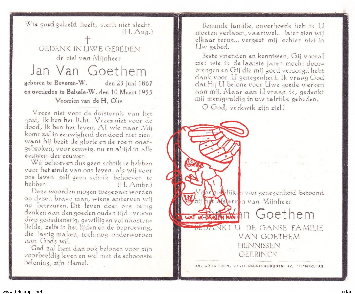 DP Jan Van Goethem ° Beveren Waas 1867 † Belsele Sint-Niklaas 1955 Hennissen Geerinck - Devotieprenten