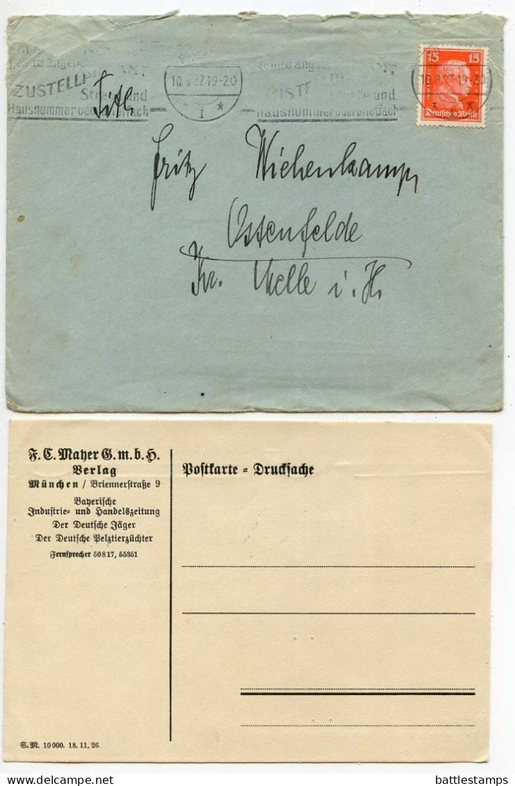 Germany 1927 Cover W/ Reply Postcard; München - F.C. Mayer, “Der Deutsche Pelztierzüchter”; 15pf. Immanuel Kant - Cartas & Documentos