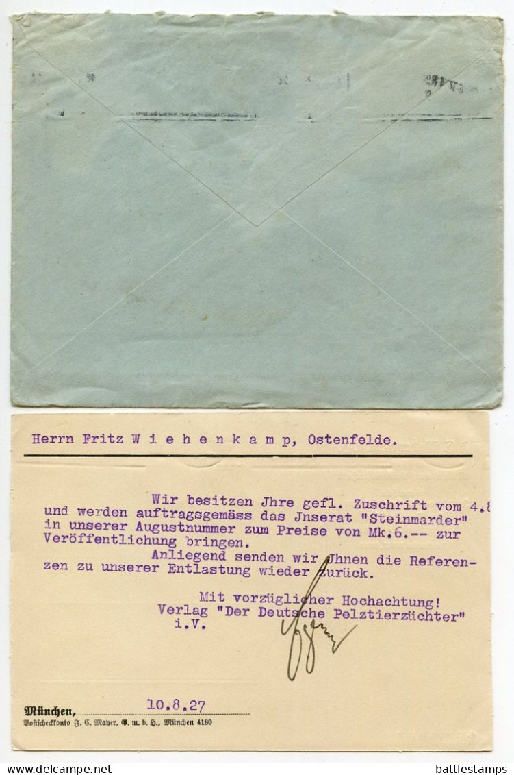 Germany 1927 Cover W/ Reply Postcard; München - F.C. Mayer, “Der Deutsche Pelztierzüchter”; 15pf. Immanuel Kant - Brieven En Documenten