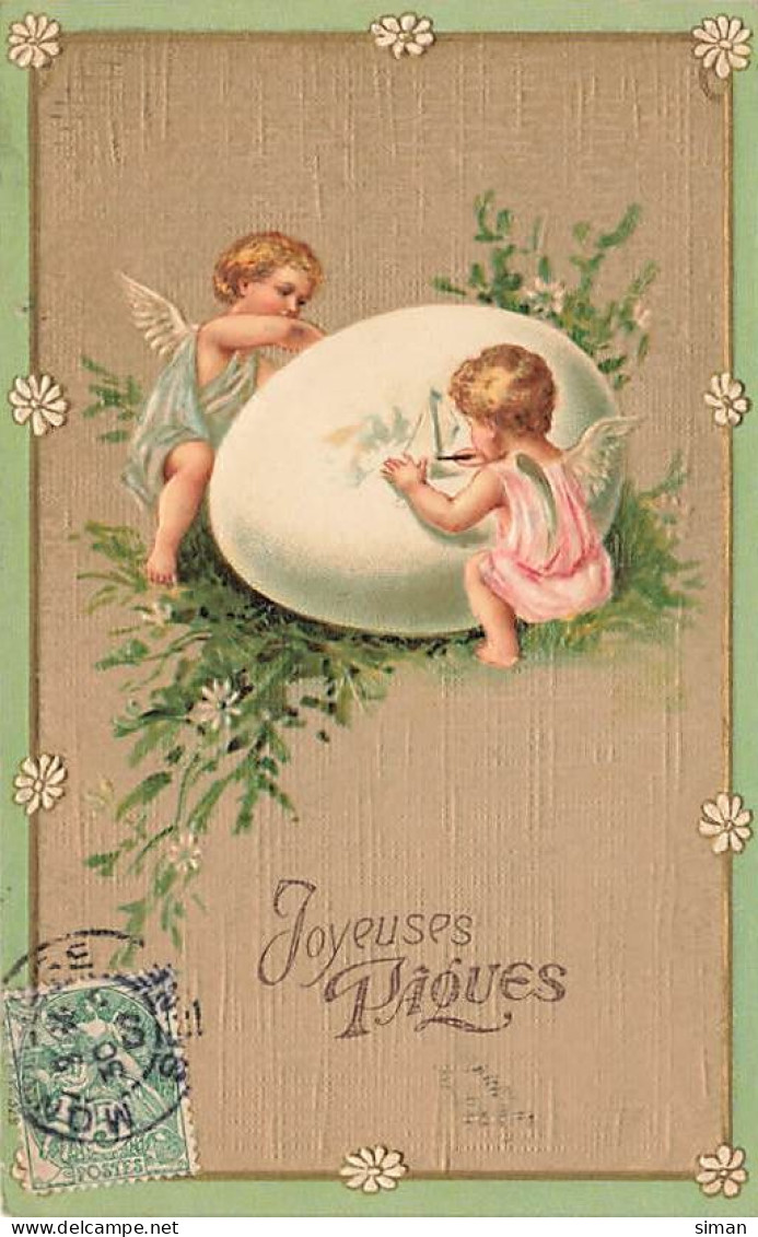 N°25029 - Carte Fantaisie Gaufrée - Joyeuses Pâques - Angelots Peignant Un Oeuf - Pâques