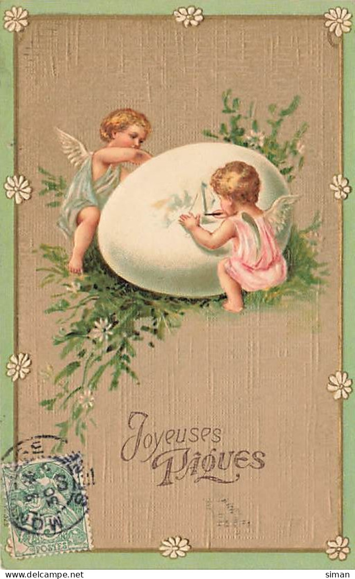 N°25029 - Carte Fantaisie Gaufrée - Joyeuses Pâques - Angelots Peignant Un Oeuf - Easter