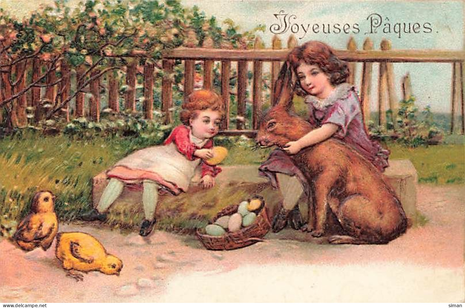 N°25030 - Carte Fantaisie Gaufrée - Joyeuses Pâques - Enfants Avec Des Oeufs Câlinant Un Lièvre - Easter