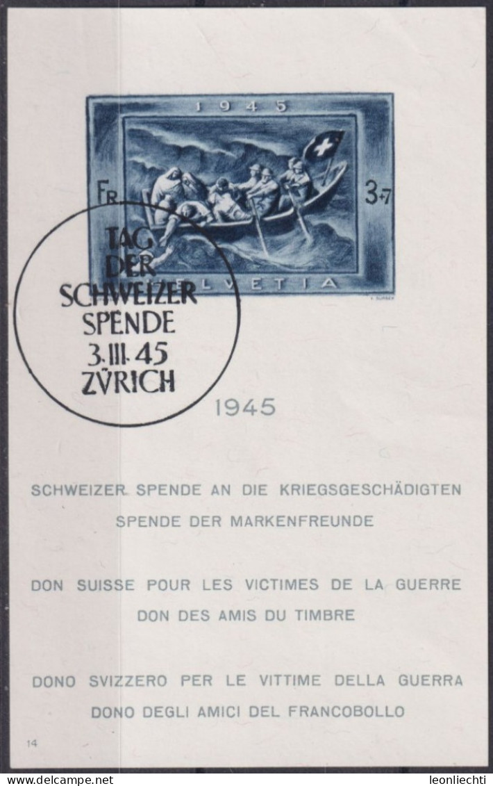 1945 Spendeblock Mi: Bl.11,ⵙ TAG DER SCHWEIZER SPENDE 3.lll.45 ZÜRICH - Usados