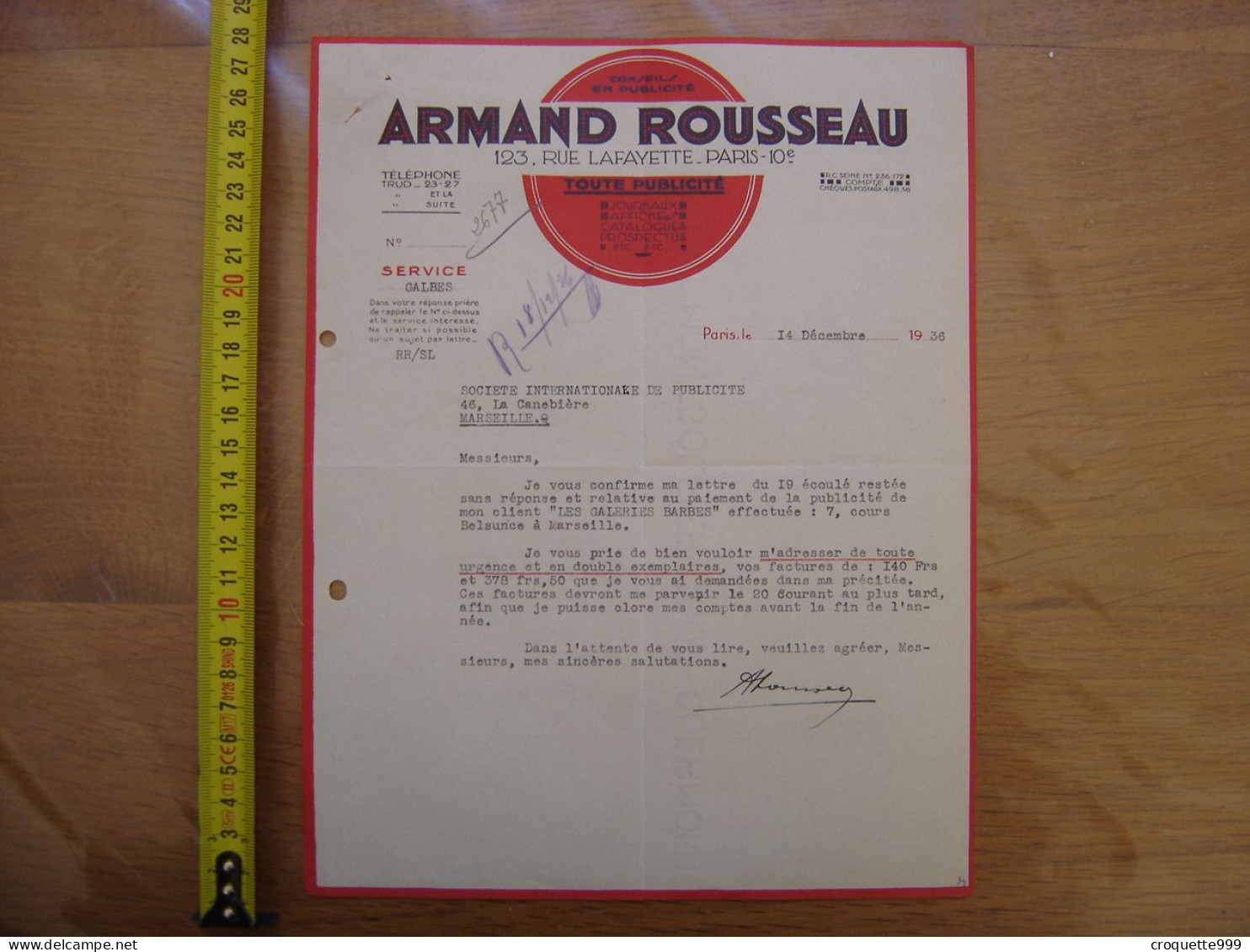 1936 Facture ARMAND ROUSSEAU Publicite Paris Marseille - Altri & Non Classificati