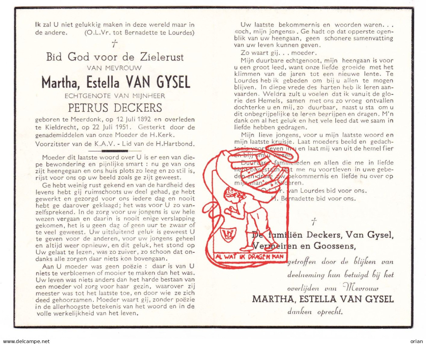 DP Voorzitster - Martha Van Gysel ° Meerdonk St-Gillis-Waas 1892† Kieldrecht Beveren Waas 1951 Deckers Vermeire Goossens - Devotieprenten