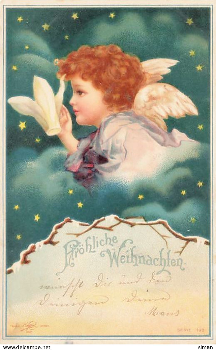 N°25031 - Carte Fantaisie - Clapsaddle - Fröhliche Weihnachten - Angelot Avec Une Fleur Blanche - Autres & Non Classés