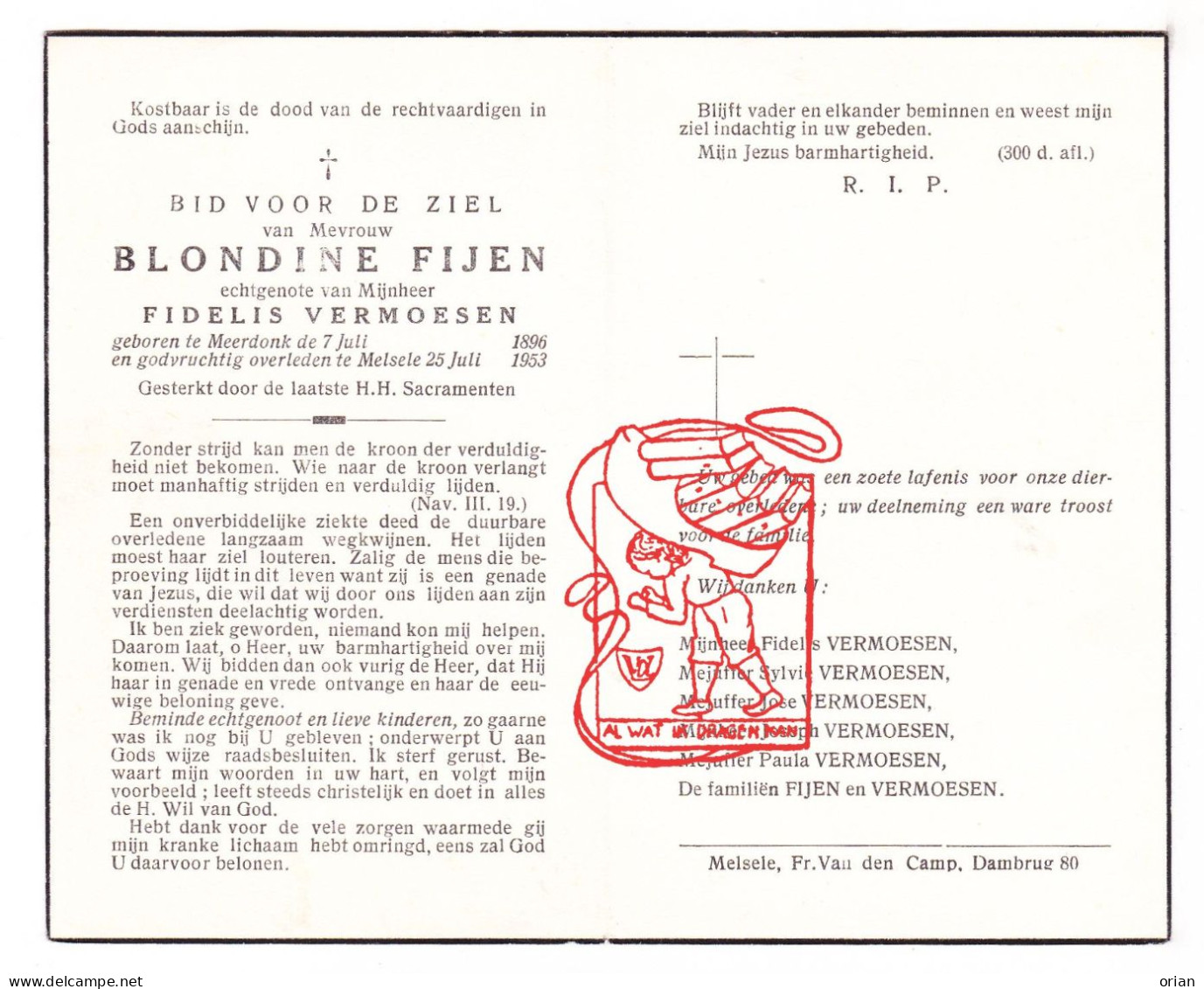 DP Blondine Fijen ° Meerdonk Sint-Gillis-Waas 1896 † Melsele Beveren Waas 1953 X Fidelis Vermoesen - Devotion Images