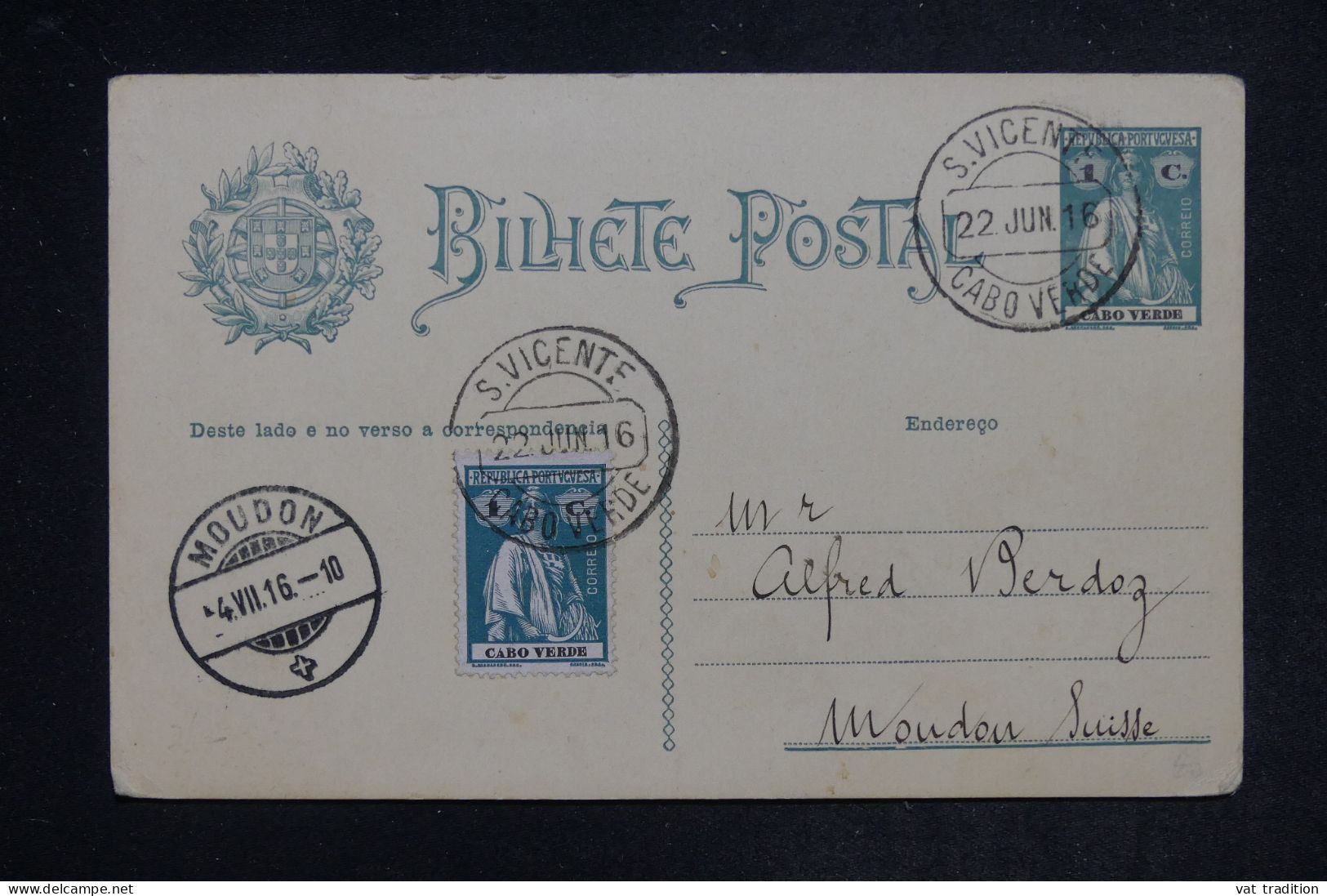 CAP VERT - Entier Postal + Complément De St Vincente Pour La Suisse En 1916   - L 152433 - Cap Vert
