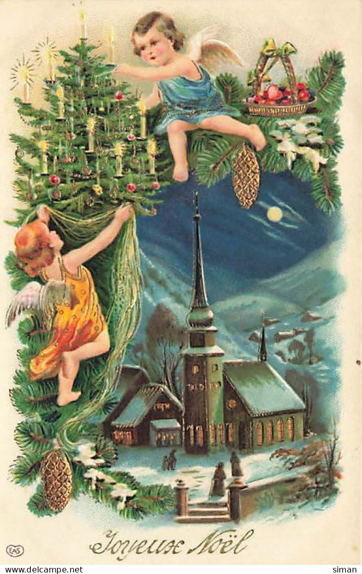 N°25034 - Carte Fantaisie Gaufrée - Joyeux Noël - Angelots Décorant Un Village - Altri & Non Classificati