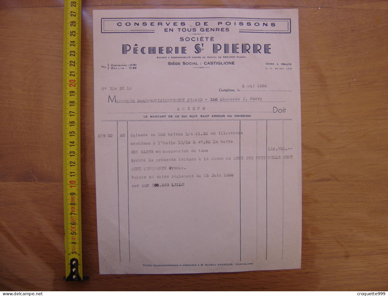 1952 Facture CONSERVES DE POISSONS Pecherie St Pierre Amiens SARDINES - Other & Unclassified