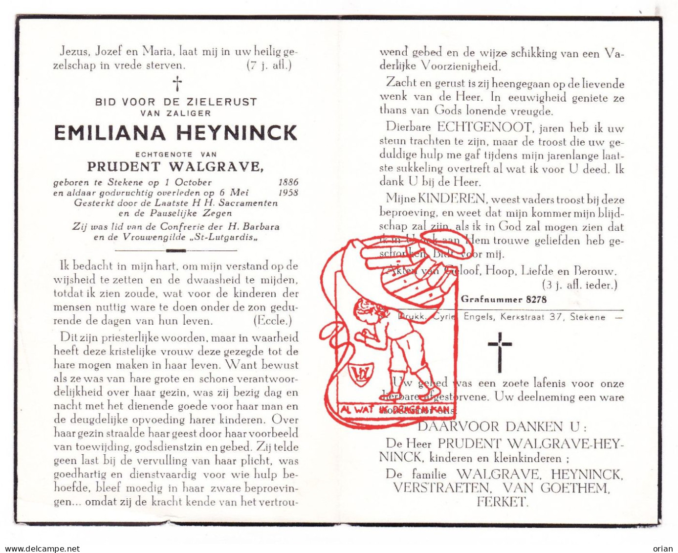 DP Emiliana Heyninck ° Stekene 1886 † 1958 X Prudent Walgrave // Verstraeten Van Goethem Ferket - Devotieprenten