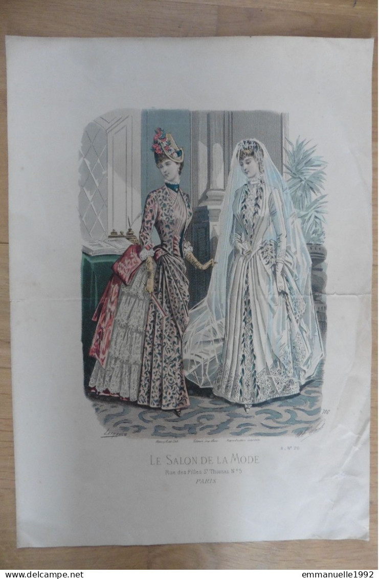 Gravure De Mode Du Journal Le Salon De La Mode 1884 Robe De Mariée - Grand Format 37 X 26 Cm - Stiche & Gravuren