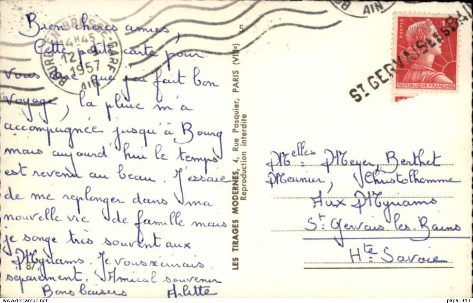 1957  CP  Griffe De SAINT GERVAIS LES BAINS Pour Oblitération Du Timbre - Cartas & Documentos