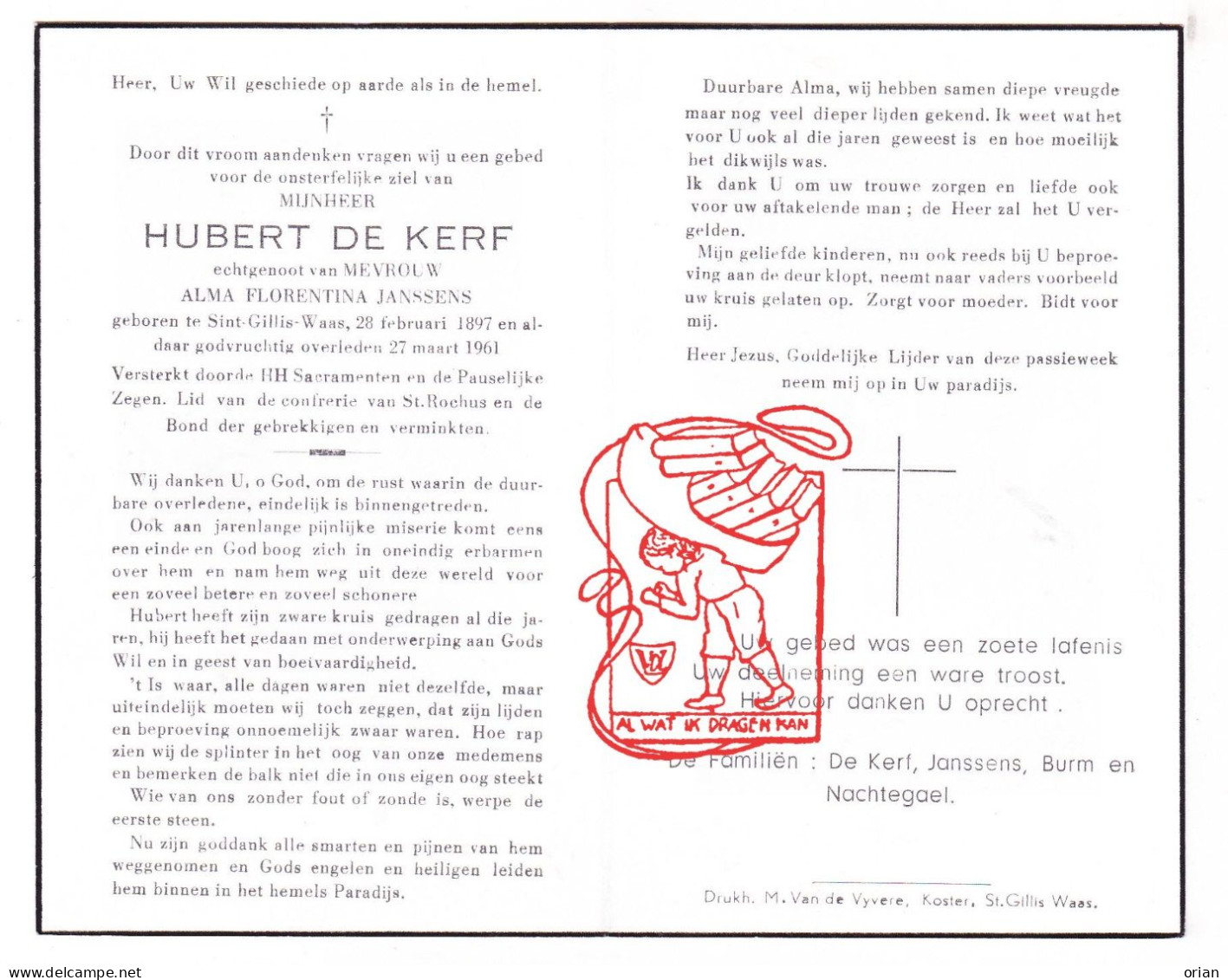 DP Hubert De Kerf ° Sint-Gillis-Waas 1897 † 1961 X Alma Florentina Janssens // Burm Nachtegael - Devotieprenten