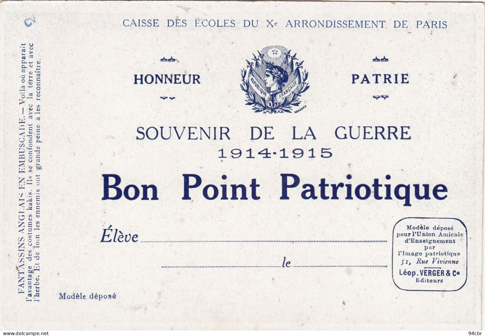 9.5x15 BON POINT PATRIOTIQUES Caisse  Des Ecoles Du Xe Arron De Paris Souvenir 1914-1918 (b.bur Theme) - Unclassified