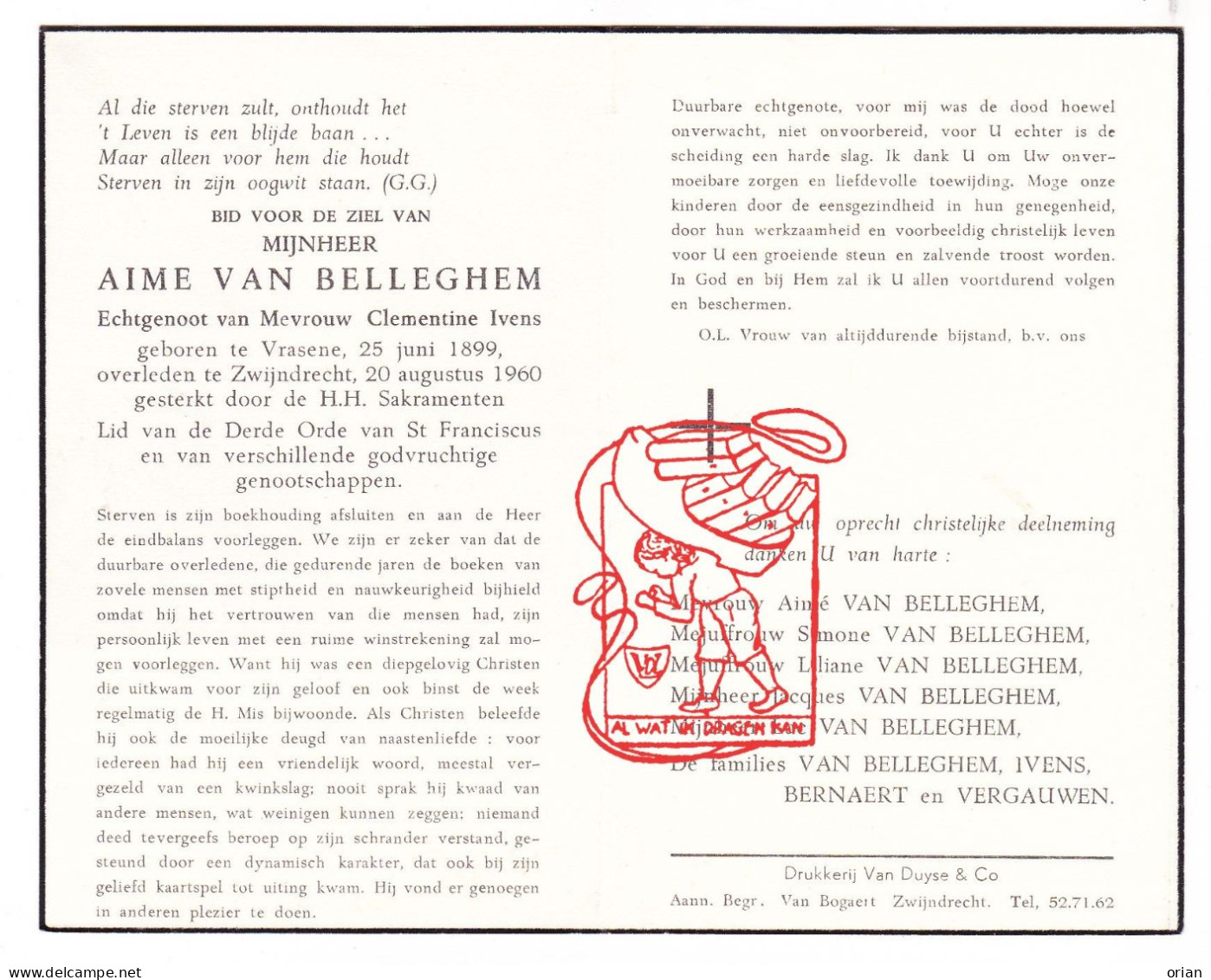 DP Aimé Van Belleghem ° Vrasene Beveren Waas 1899 † Zwijndrecht 1960 X Clementine Ivens // Bernaert Vergauwen - Devotion Images