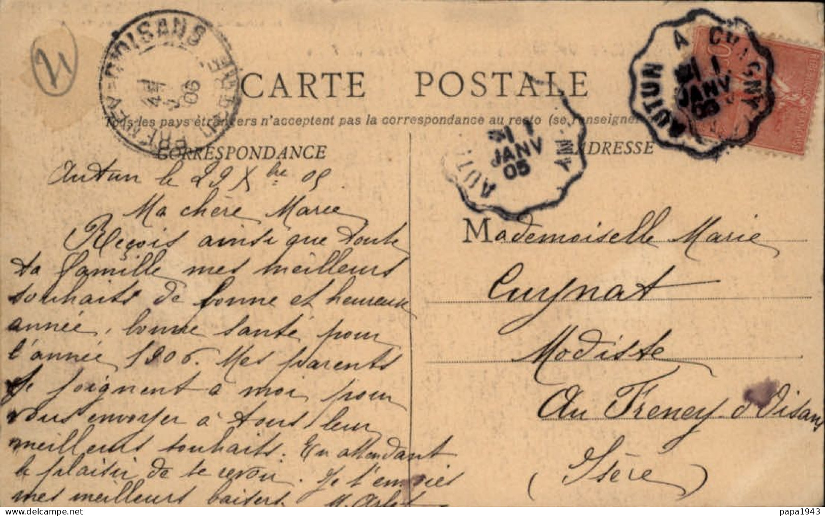 1905 CAD Convoyeur Ambulant De AUTUN à CHAGNY  Envoyée à FRENEY D' OISANS - Storia Postale