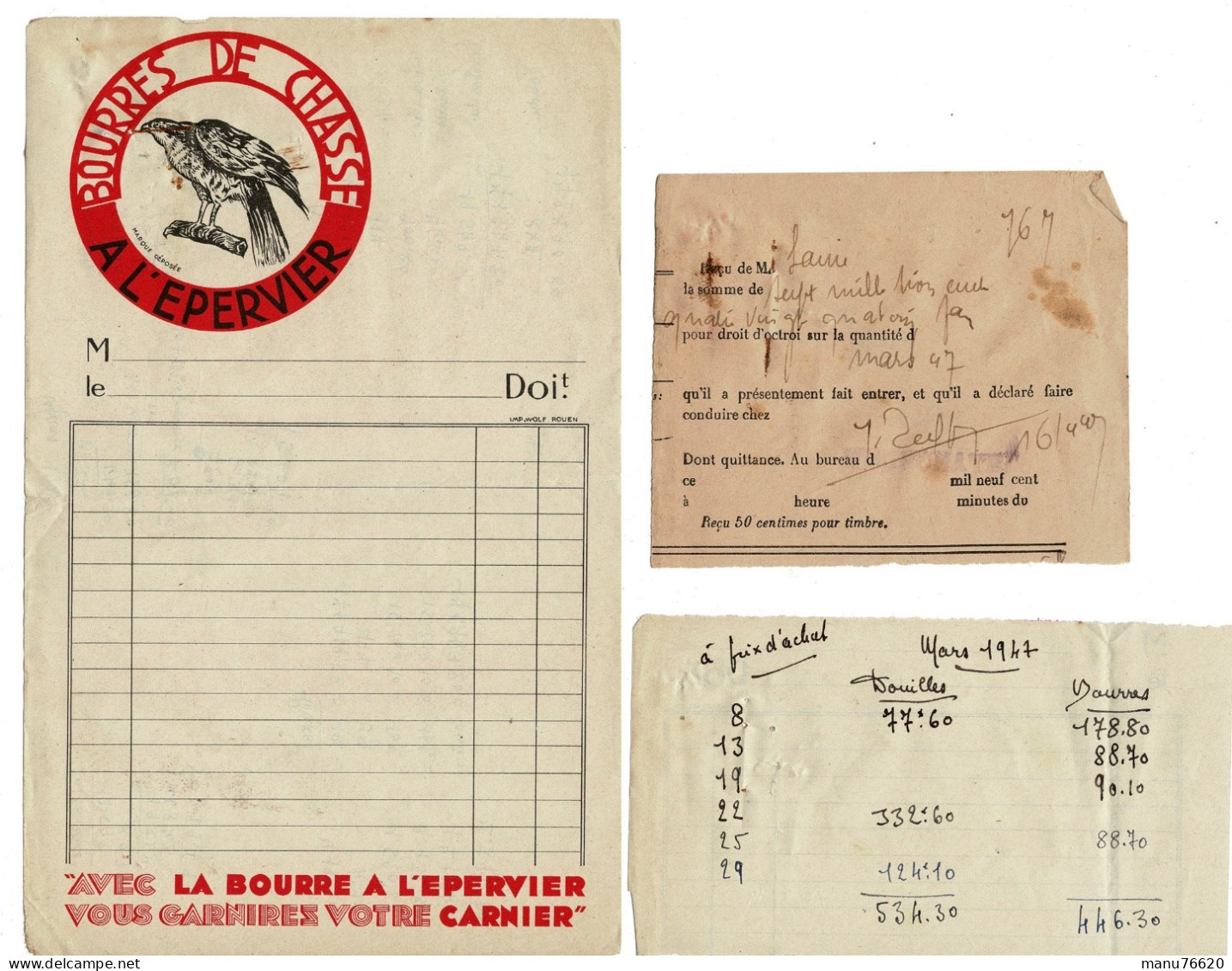 Facture , Document , Courrier : Bourres De Chasse à L'épervier , Envoyé à Neuchâtel En Bray - France . - 1950 - ...