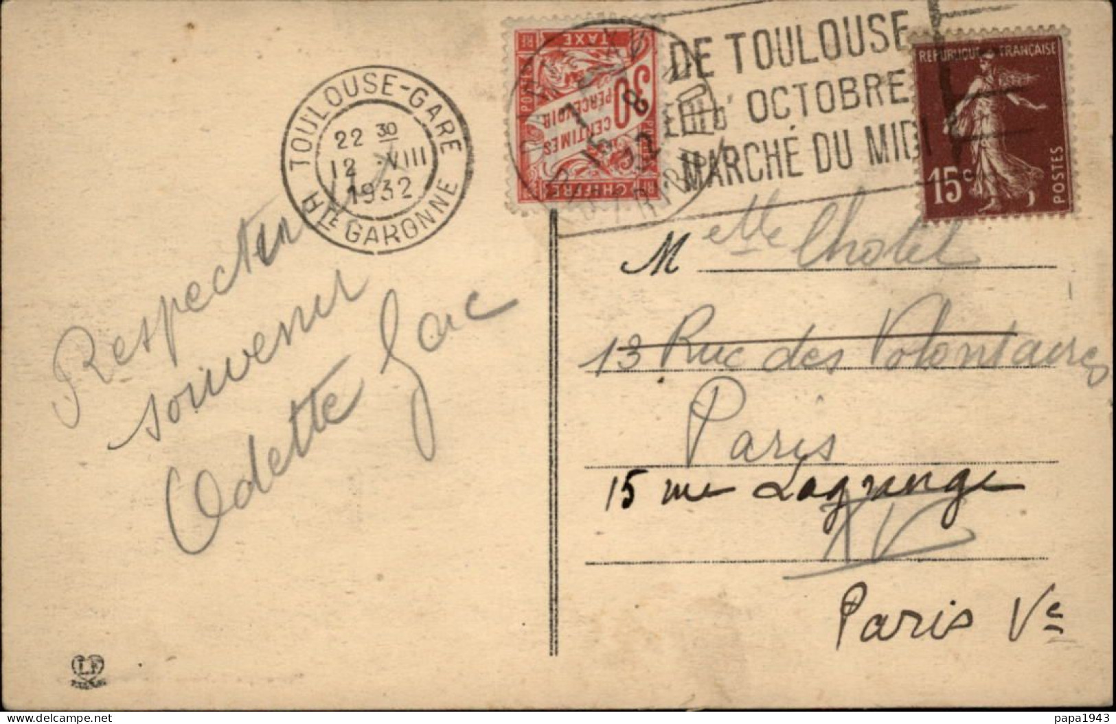 1932  CP  CAD De TOULOUSE - GARE  Taxée à 30c - 1859-1959 Afgestempeld